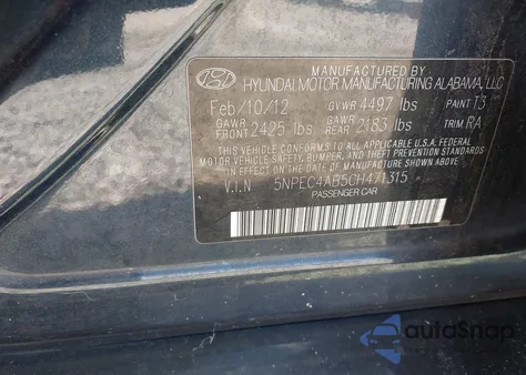 2012 Hyundai Sonata Se 2.0T из США, поврежденный, VIN 5NPEC4AB5CH471315